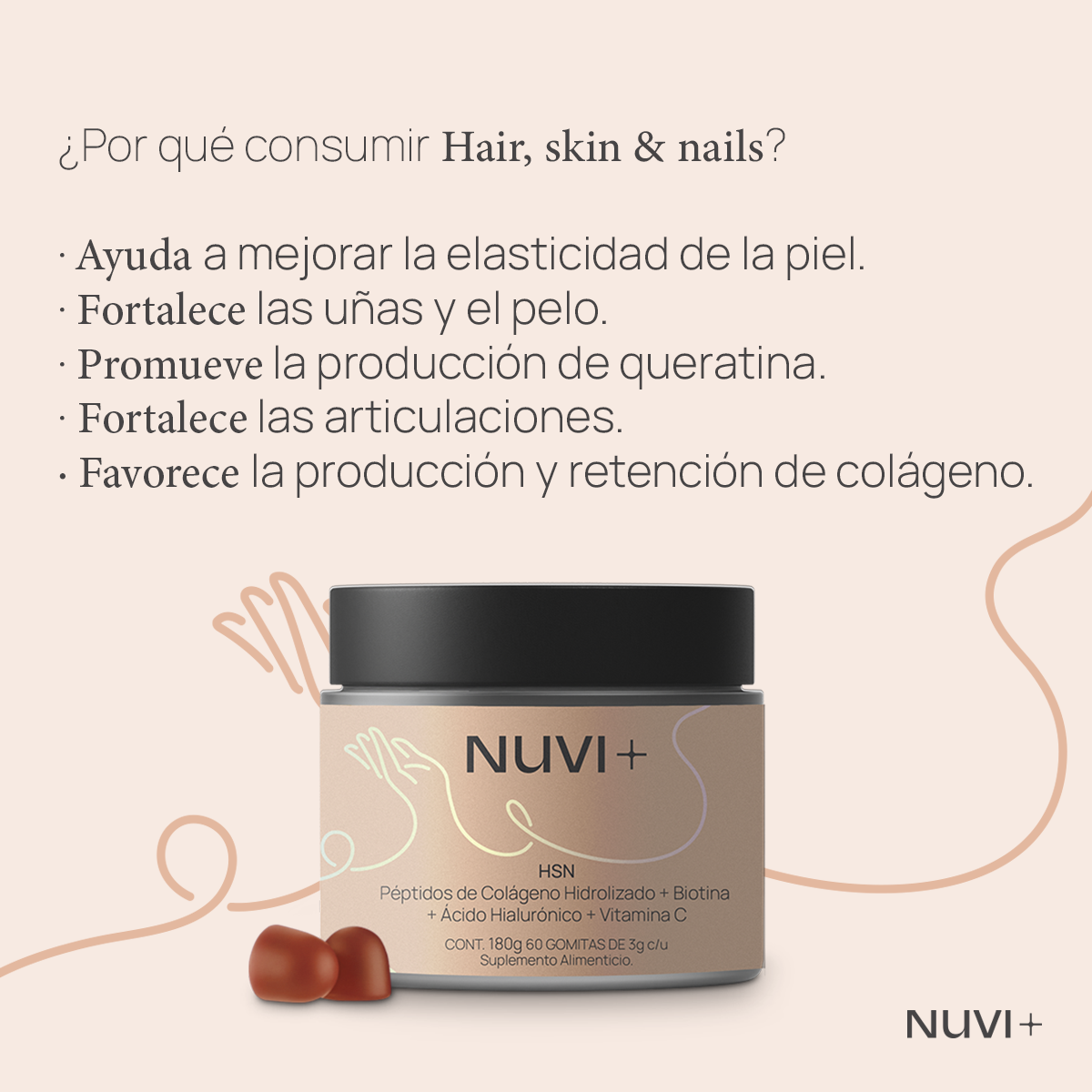 Gomitas HAIR, SKIN & NAILS - Péptidos de Colágeno + Biotina + Ácido Hialurónico + Vit. C