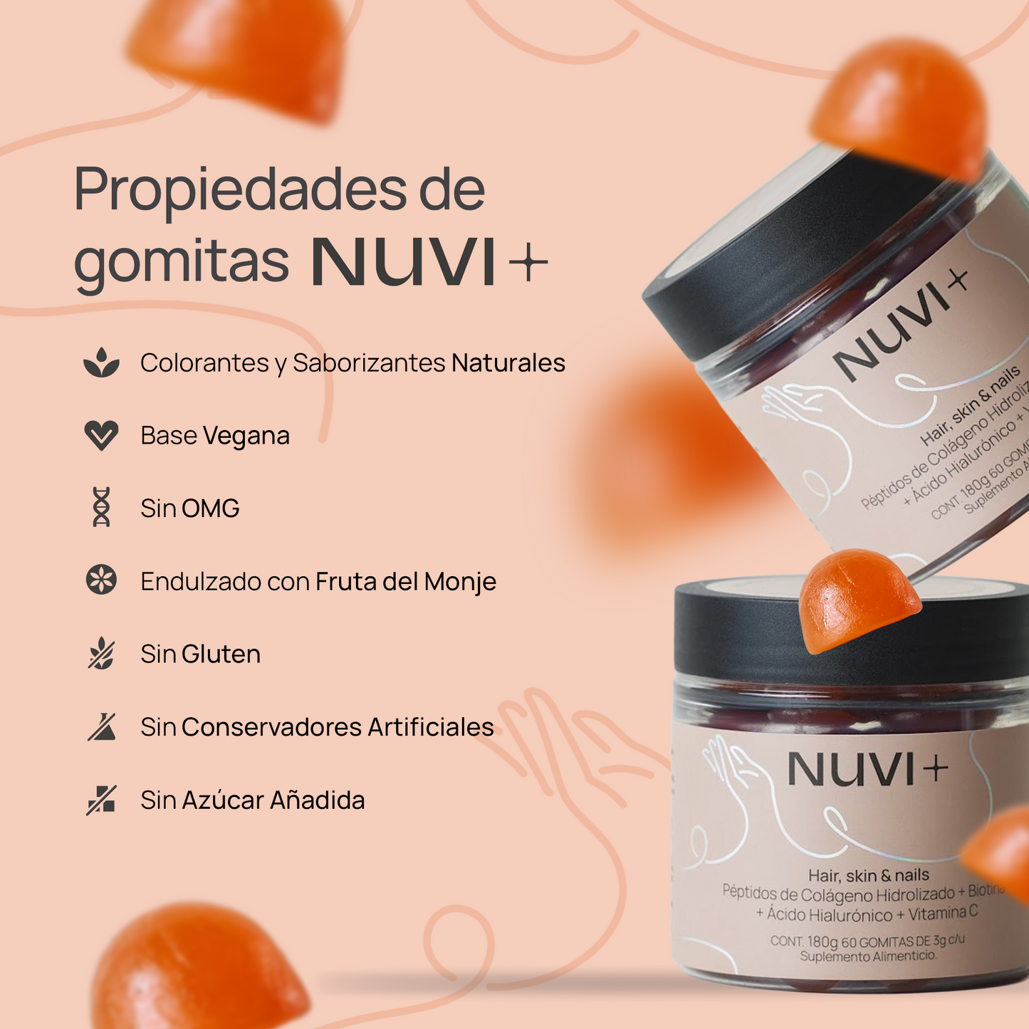 Gomitas HAIR, SKIN & NAILS - Péptidos de Colágeno + Biotina + Ácido Hialurónico + Vit. C